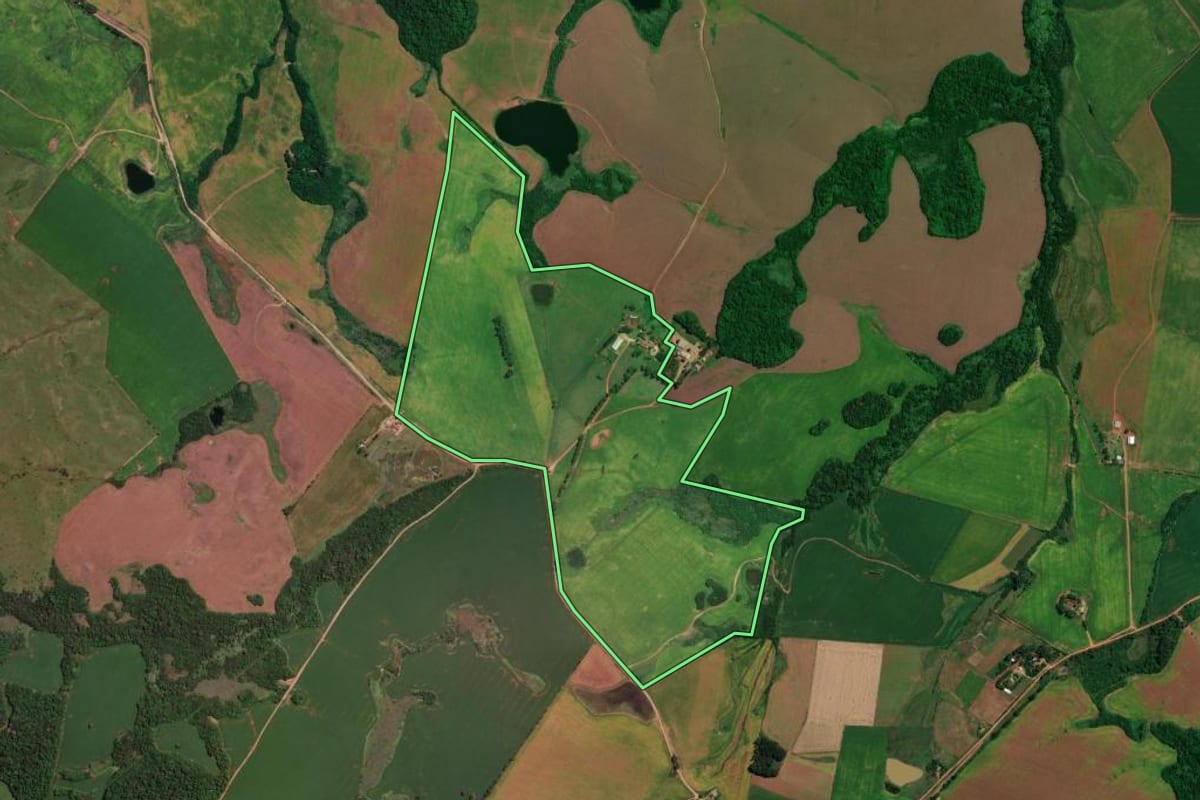 Imagem de satélite do imóvel rural em Jóia (RS), com o contorno declarado no CAR desenhado por cima.