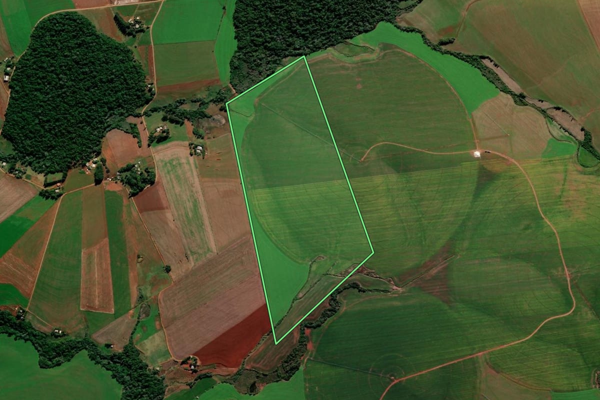 Imagem de satélite do imóvel rural em Jóia (RS), com o contorno declarado no CAR desenhado por cima.