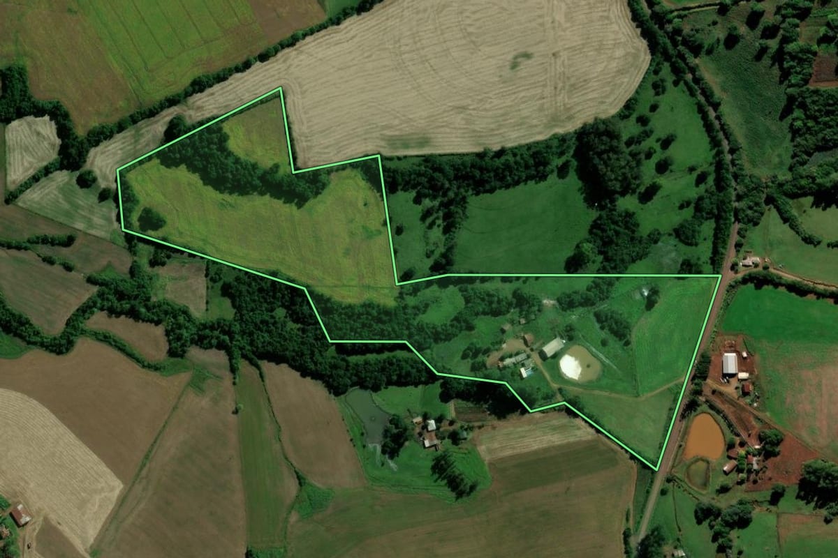 Imagem de satélite do imóvel rural em Jóia (RS), com o contorno declarado no CAR desenhado por cima.