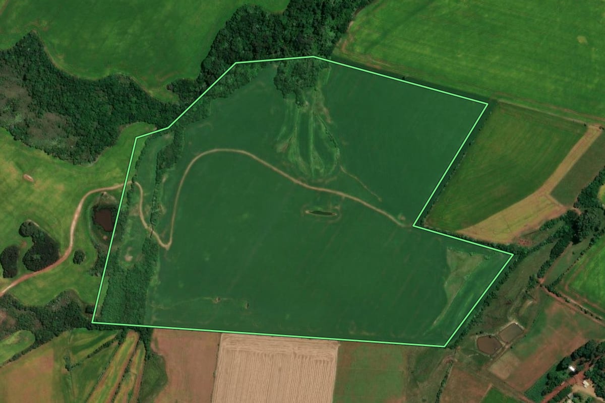 Imagem de satélite do imóvel rural em Jóia (RS), com o contorno declarado no CAR desenhado por cima.