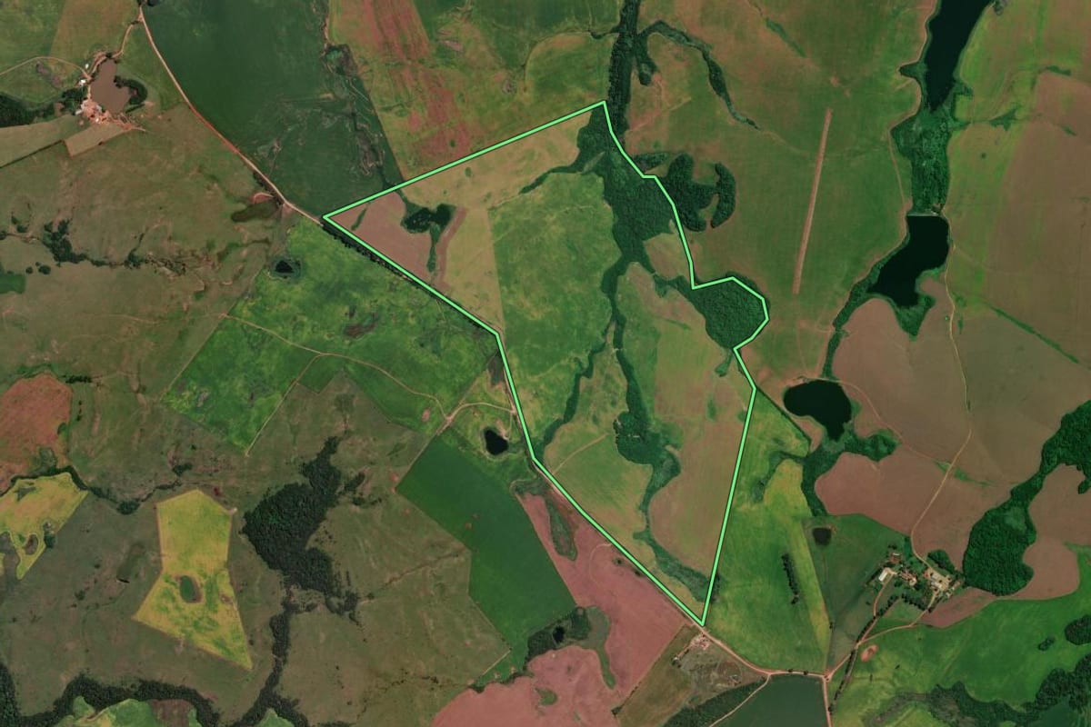 Imagem de satélite do imóvel rural em Jóia (RS), com o contorno declarado no CAR desenhado por cima.