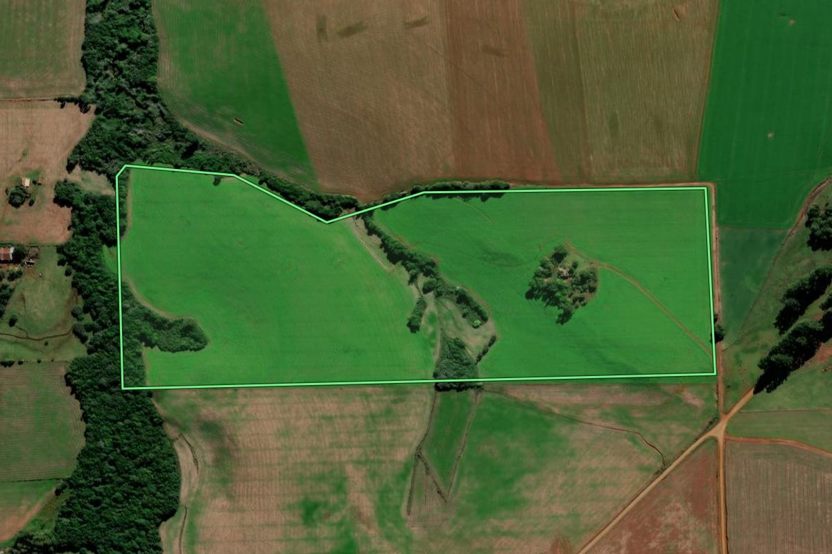 Imagem de satélite do imóvel rural em Jóia (RS), com o contorno declarado no CAR desenhado por cima.