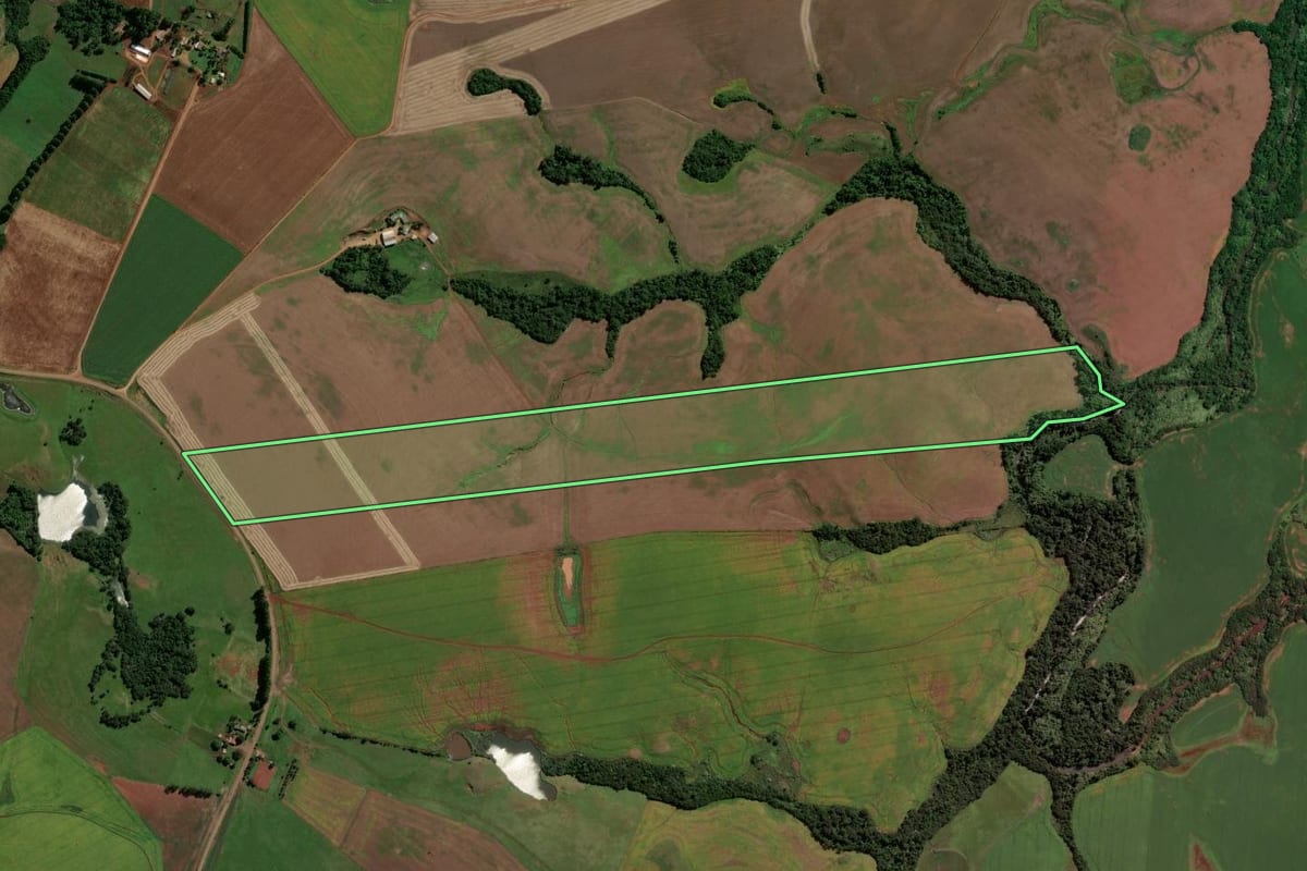 Imagem de satélite do imóvel rural em Jóia (RS), com o contorno declarado no CAR desenhado por cima.
