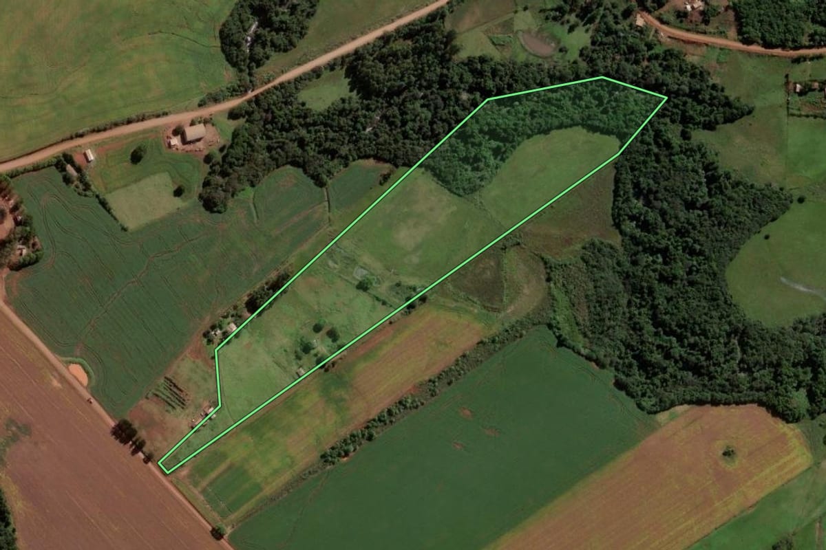 Imagem de satélite do imóvel rural em Jóia (RS), com o contorno declarado no CAR desenhado por cima.