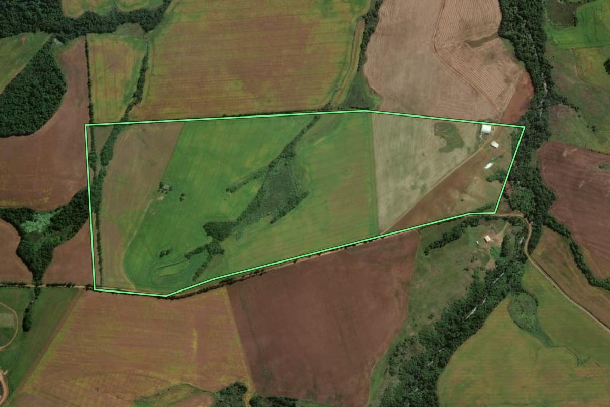 Imagem de satélite do imóvel rural em Jóia (RS), com o contorno declarado no CAR desenhado por cima.