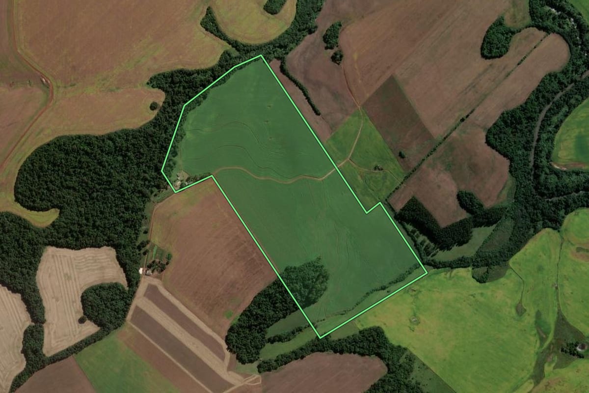 Imagem de satélite do imóvel rural em Jóia (RS), com o contorno declarado no CAR desenhado por cima.