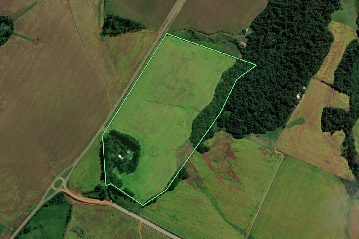 Imagem de satélite do imóvel rural em Jóia (RS), com o contorno declarado no CAR desenhado por cima.