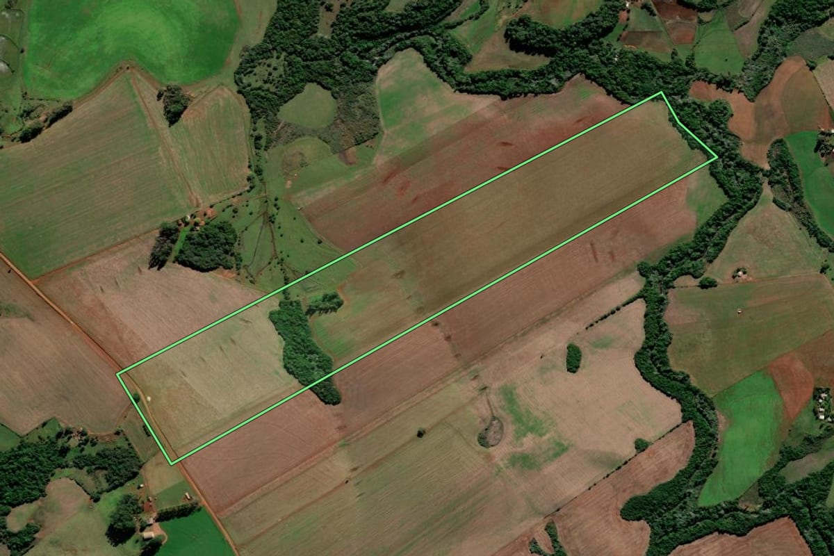 Imagem de satélite do imóvel rural em Jóia (RS), com o contorno declarado no CAR desenhado por cima.