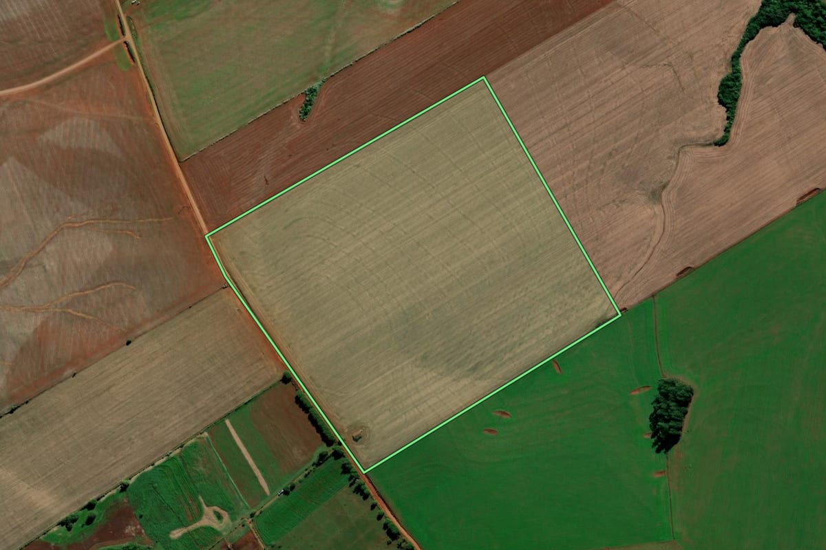 Imagem de satélite do imóvel rural em Jóia (RS), com o contorno declarado no CAR desenhado por cima.