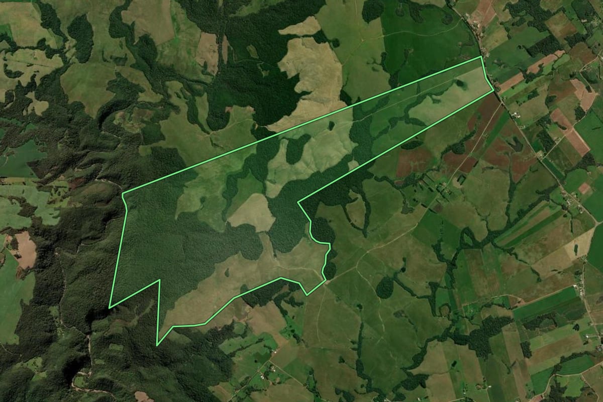 Imagem de satélite do imóvel rural em Júlio de Castilhos (RS), com o contorno declarado no CAR desenhado por cima.