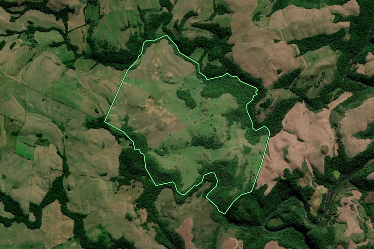 Imagem de satélite do imóvel rural em Júlio de Castilhos (RS), com o contorno declarado no CAR desenhado por cima.