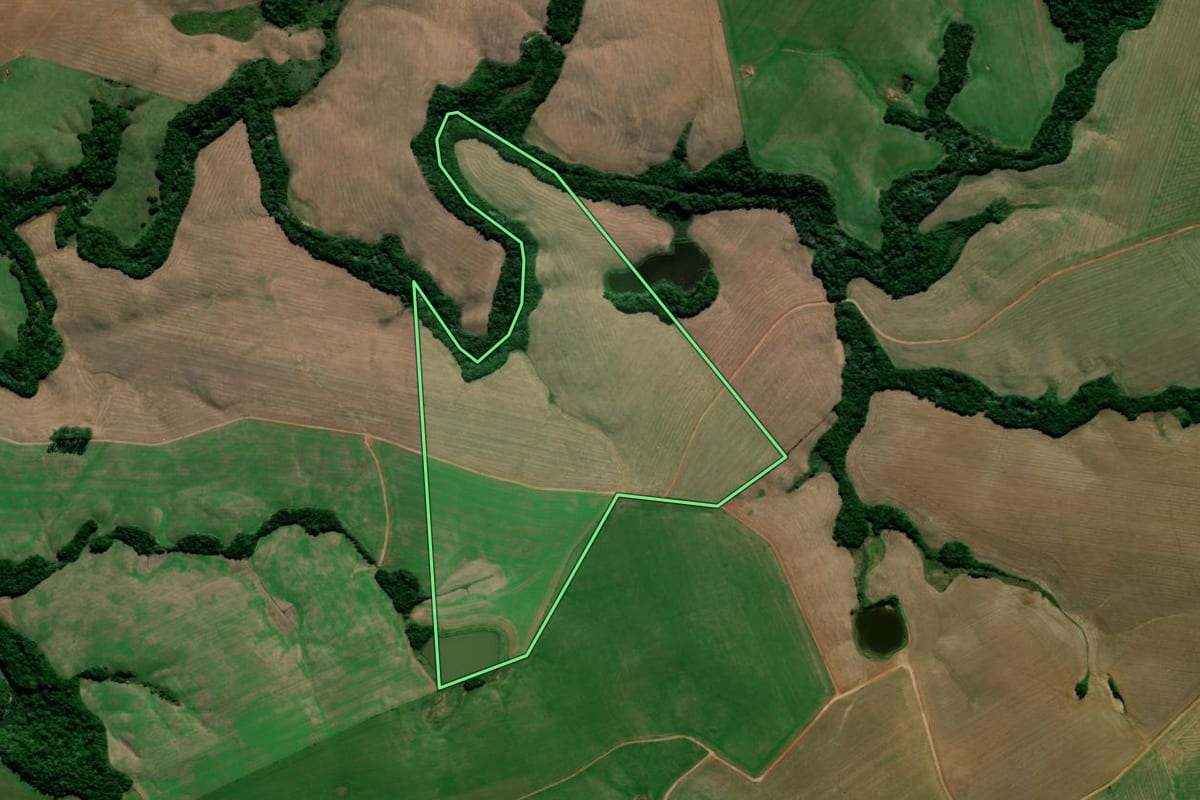 Imagem de satélite do imóvel rural em Júlio de Castilhos (RS), com o contorno declarado no CAR desenhado por cima.