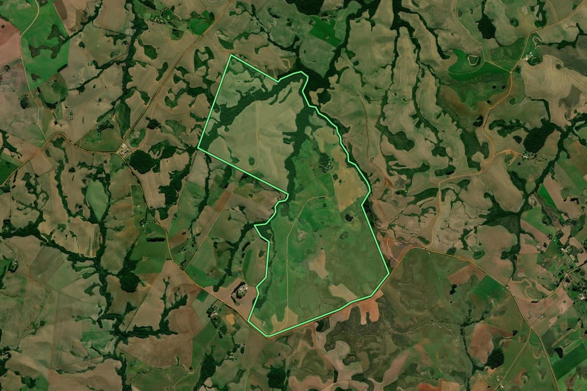 Imagem de satélite do imóvel rural em Júlio de Castilhos (RS), com o contorno declarado no CAR desenhado por cima.