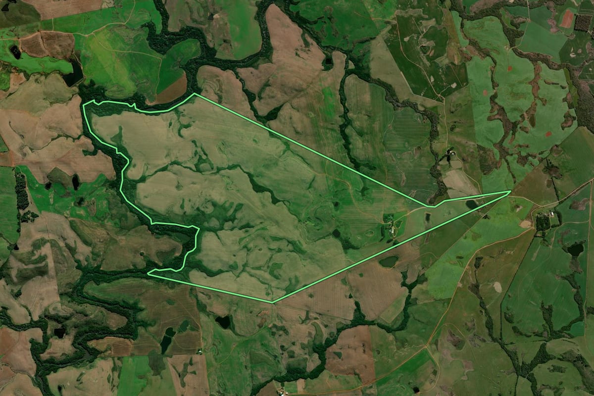 Imagem de satélite do imóvel rural em Júlio de Castilhos (RS), com o contorno declarado no CAR desenhado por cima.