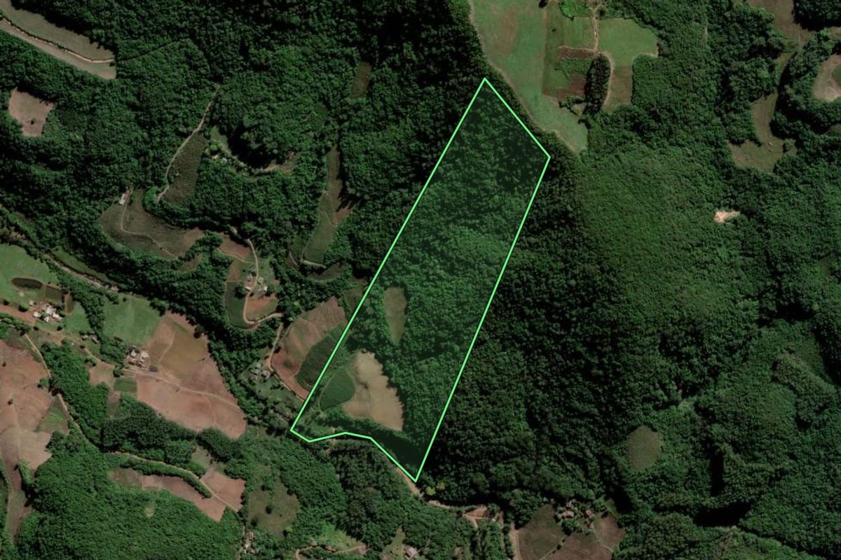 Imagem de satélite do imóvel rural em Lagoa Bonita do Sul (RS), com o contorno declarado no CAR desenhado por cima.