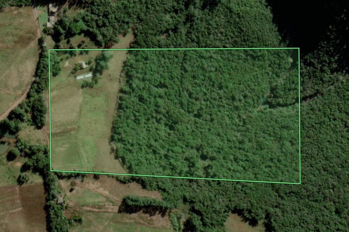 Imagem de satélite do imóvel rural em Lagoa Bonita do Sul (RS), com o contorno declarado no CAR desenhado por cima.