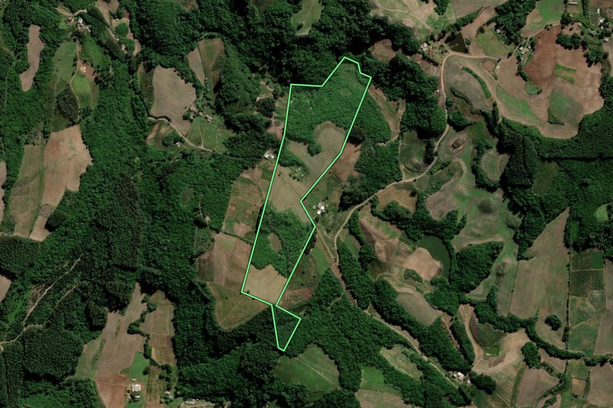 Imagem de satélite do imóvel rural em Lagoa Bonita do Sul (RS), com o contorno declarado no CAR desenhado por cima.