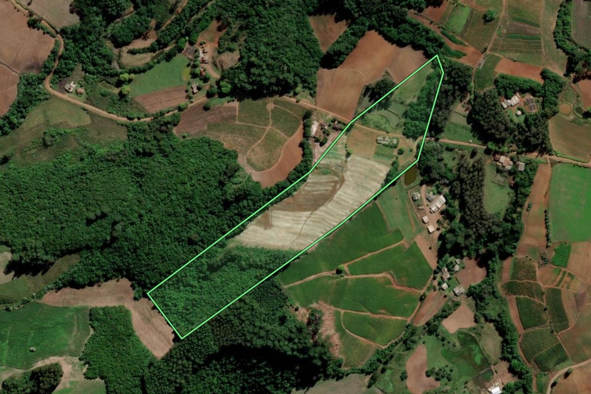 Imagem de satélite do imóvel rural em Lagoa Bonita do Sul (RS), com o contorno declarado no CAR desenhado por cima.