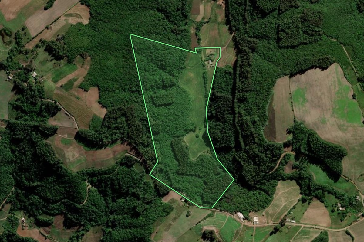 Imagem de satélite do imóvel rural em Lagoa Bonita do Sul (RS), com o contorno declarado no CAR desenhado por cima.