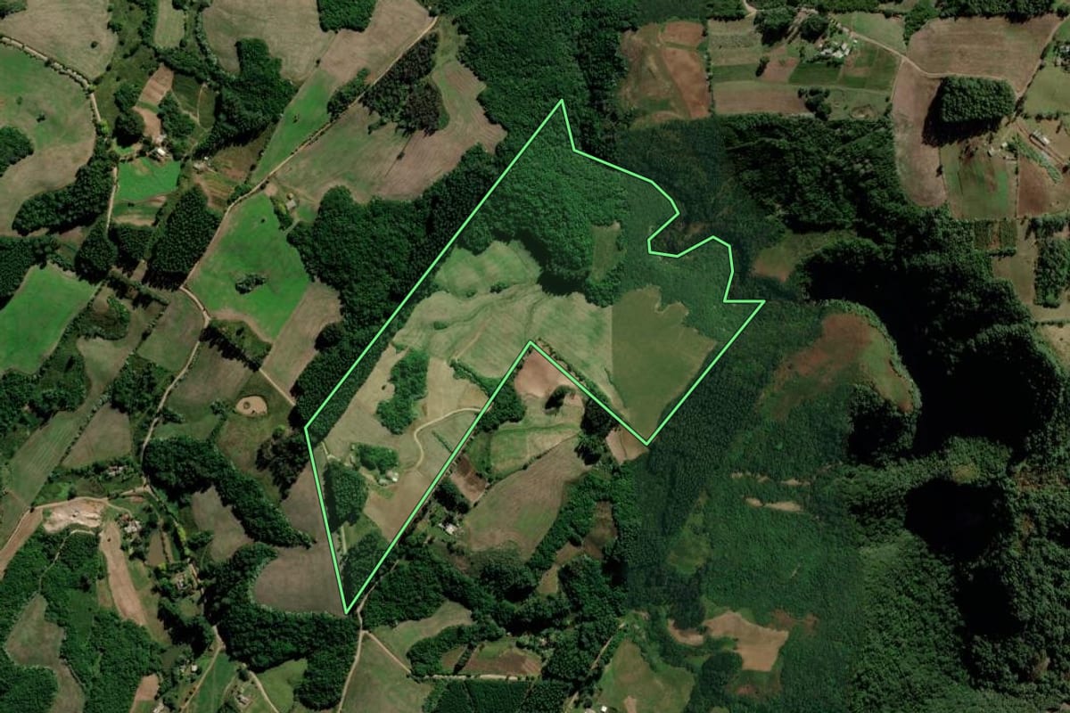 Imagem de satélite do imóvel rural em Lagoa Bonita do Sul (RS), com o contorno declarado no CAR desenhado por cima.