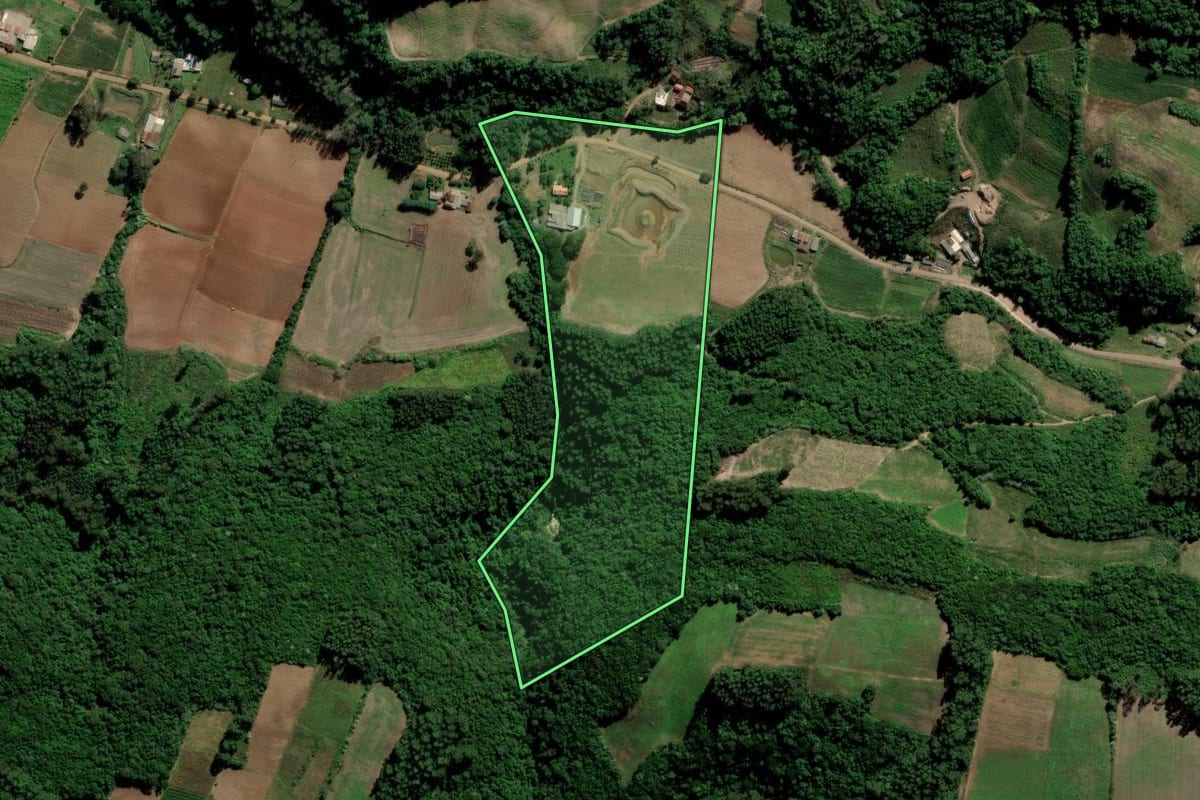 Imagem de satélite do imóvel rural em Lagoa Bonita do Sul (RS), com o contorno declarado no CAR desenhado por cima.
