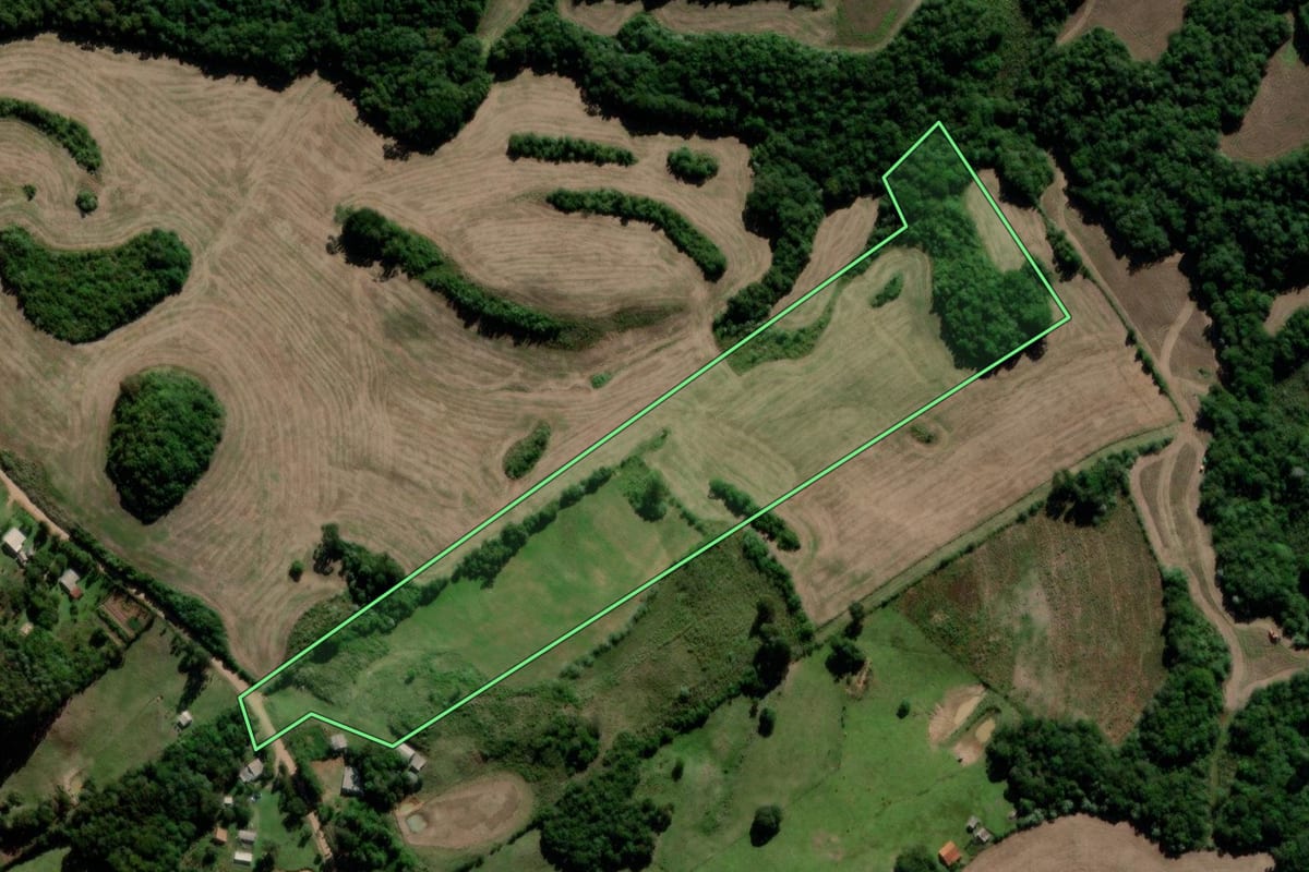 Imagem de satélite do imóvel rural em Lagoão (RS), com o contorno declarado no CAR desenhado por cima.