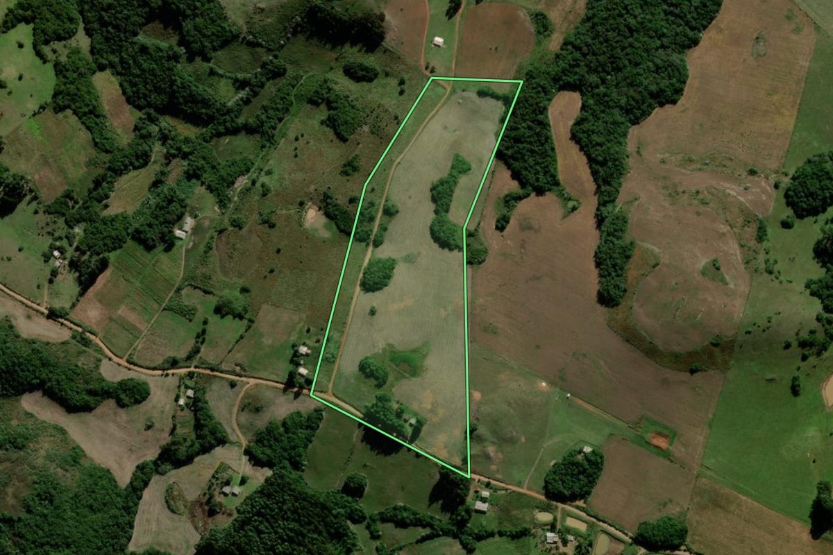 Imagem de satélite do imóvel rural em Lagoão (RS), com o contorno declarado no CAR desenhado por cima.