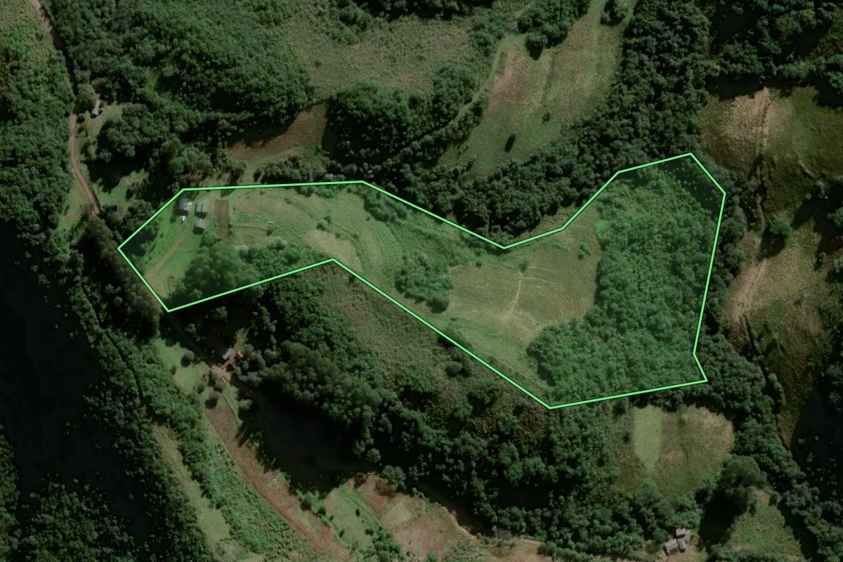 Imagem de satélite do imóvel rural em Lagoão (RS), com o contorno declarado no CAR desenhado por cima.