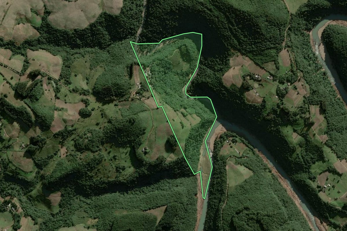 Imagem de satélite do imóvel rural em Lagoão (RS), com o contorno declarado no CAR desenhado por cima.