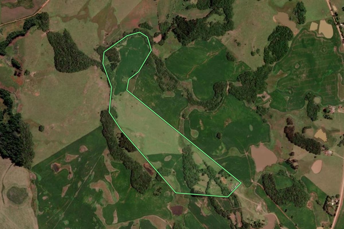 Imagem de satélite do imóvel rural em Lagoão (RS), com o contorno declarado no CAR desenhado por cima.