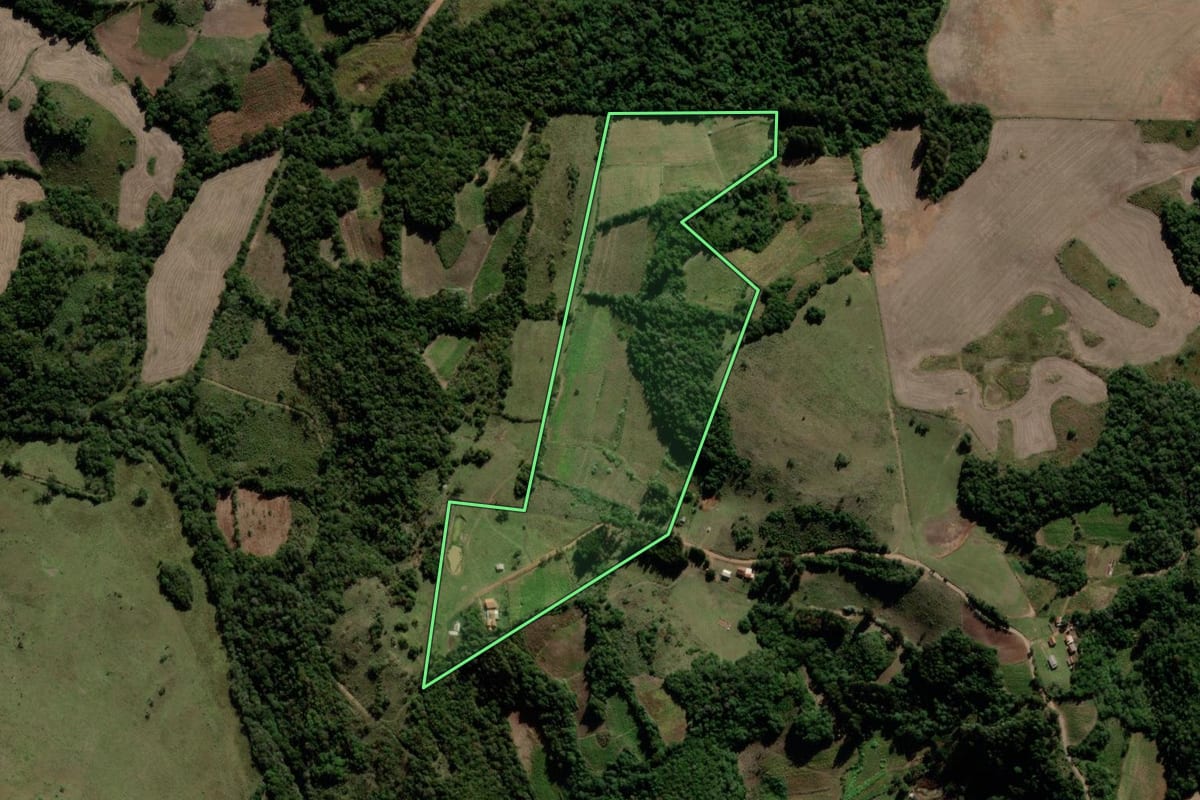 Imagem de satélite do imóvel rural em Lagoão (RS), com o contorno declarado no CAR desenhado por cima.