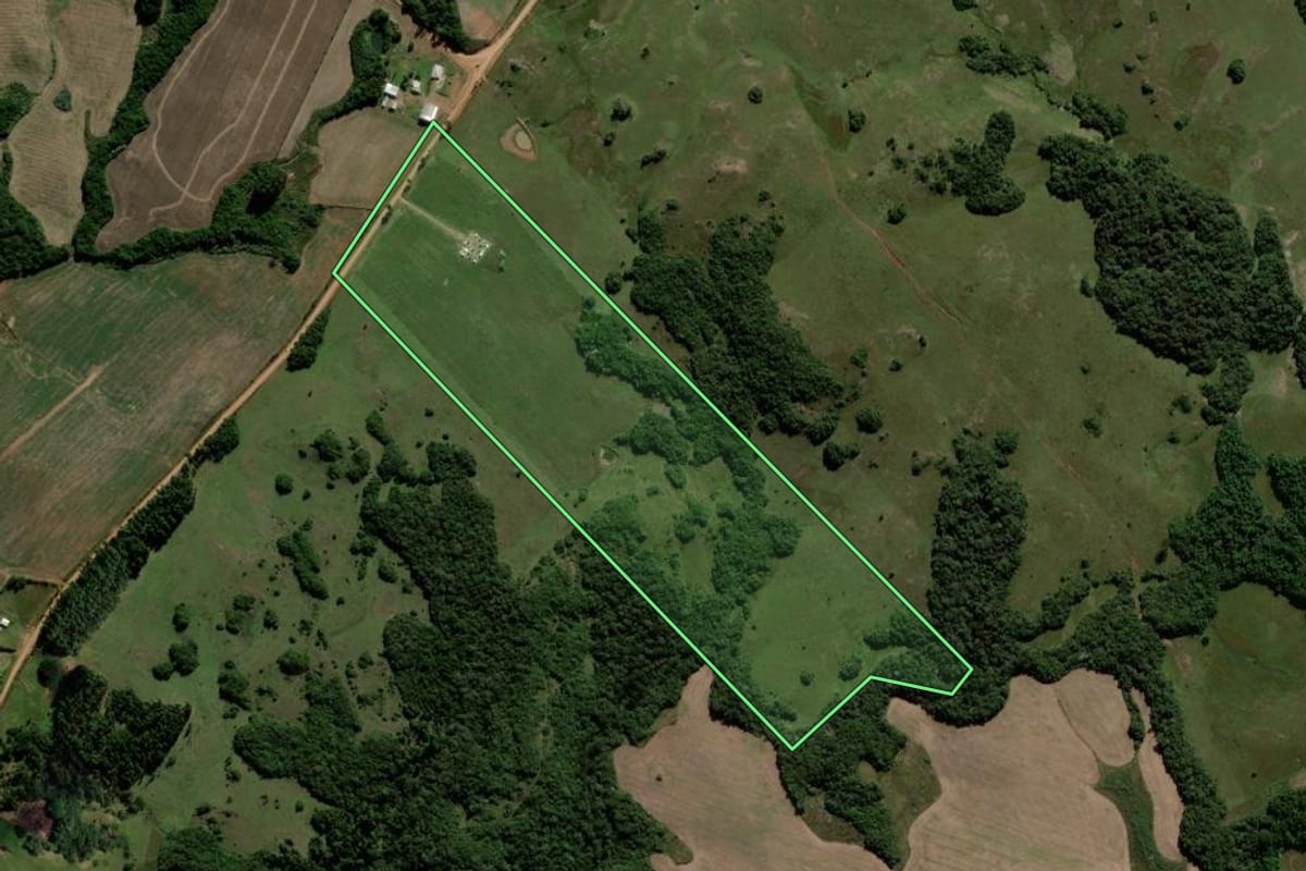 Imagem de satélite do imóvel rural em Lagoão (RS), com o contorno declarado no CAR desenhado por cima.