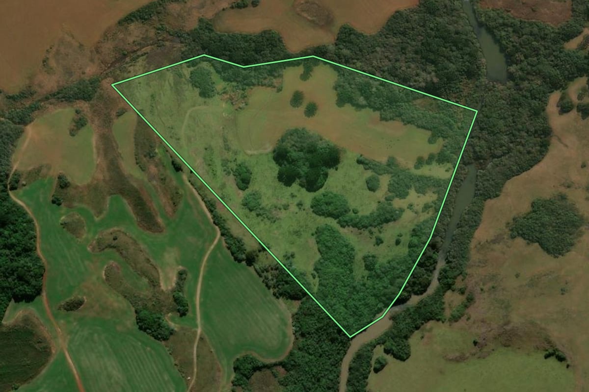 Imagem de satélite do imóvel rural em Lagoa Vermelha (RS), com o contorno declarado no CAR desenhado por cima.
