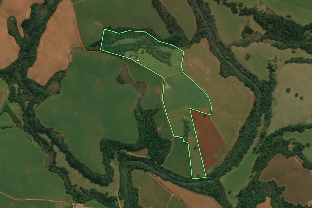 Imagem de satélite do imóvel rural em Lagoa Vermelha (RS), com o contorno declarado no CAR desenhado por cima.
