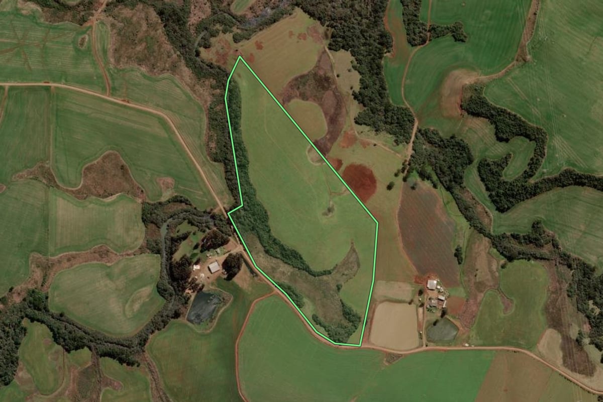 Imagem de satélite do imóvel rural em Lagoa Vermelha (RS), com o contorno declarado no CAR desenhado por cima.