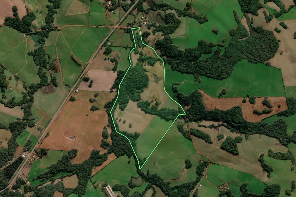 Imagem de satélite do imóvel rural em Lagoa Vermelha (RS), com o contorno declarado no CAR desenhado por cima.