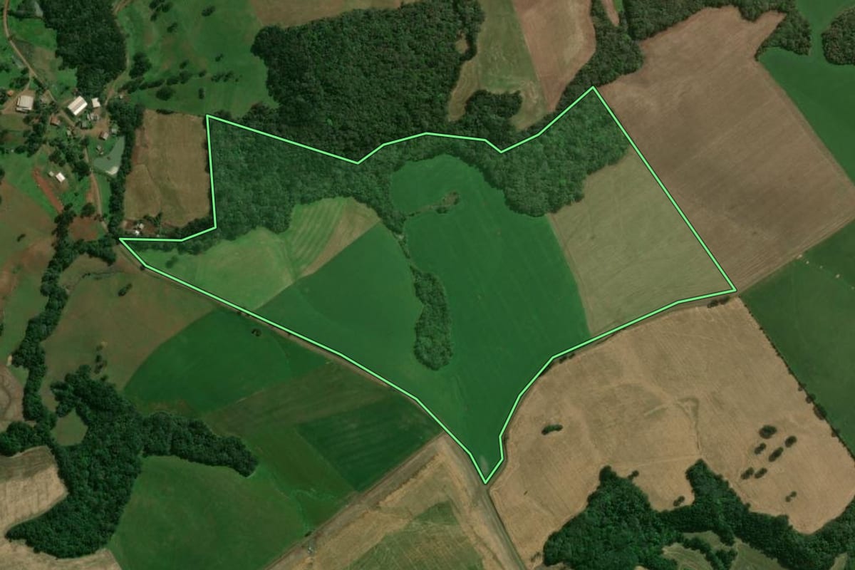 Imagem de satélite do imóvel rural em Lagoa Vermelha (RS), com o contorno declarado no CAR desenhado por cima.