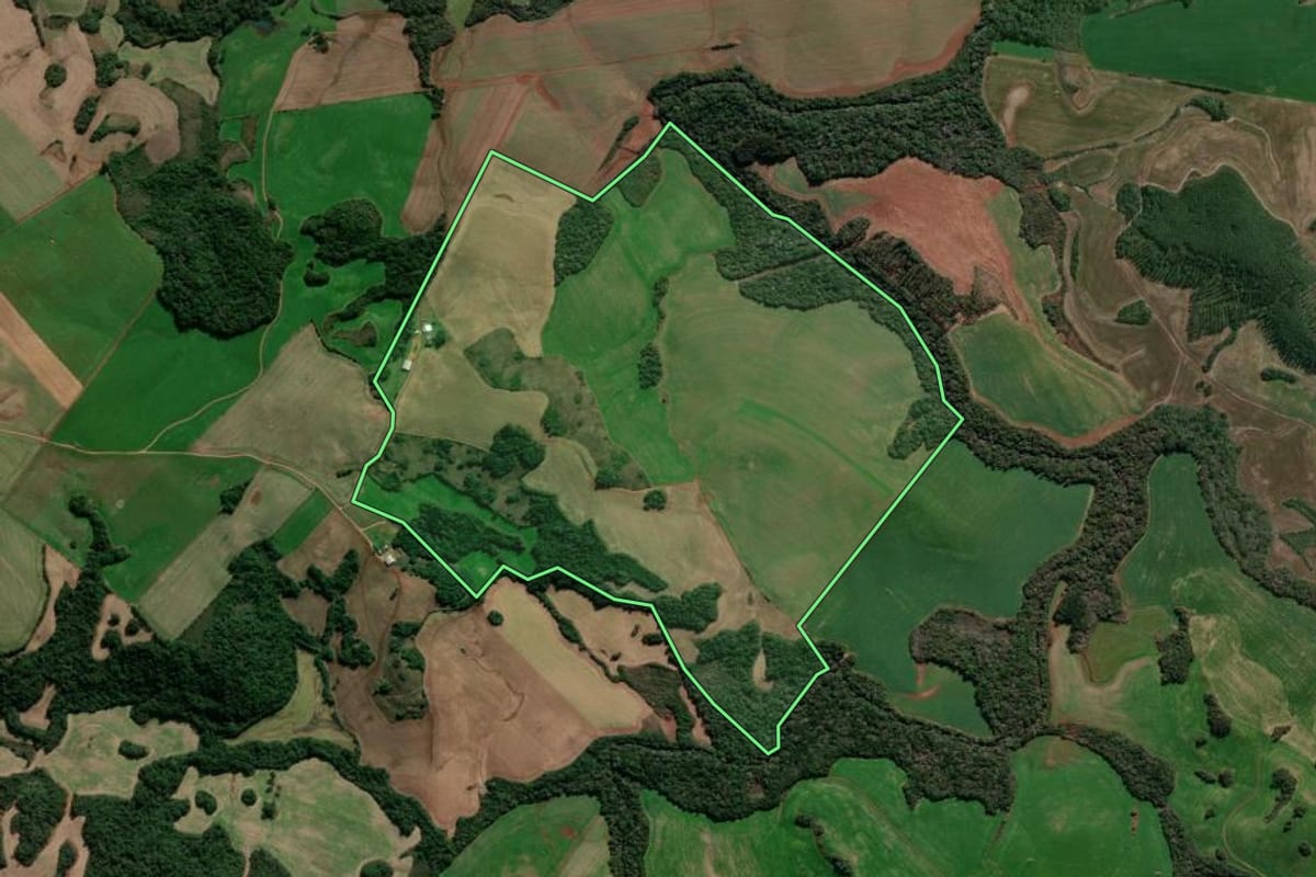 Imagem de satélite do imóvel rural em Lagoa Vermelha (RS), com o contorno declarado no CAR desenhado por cima.