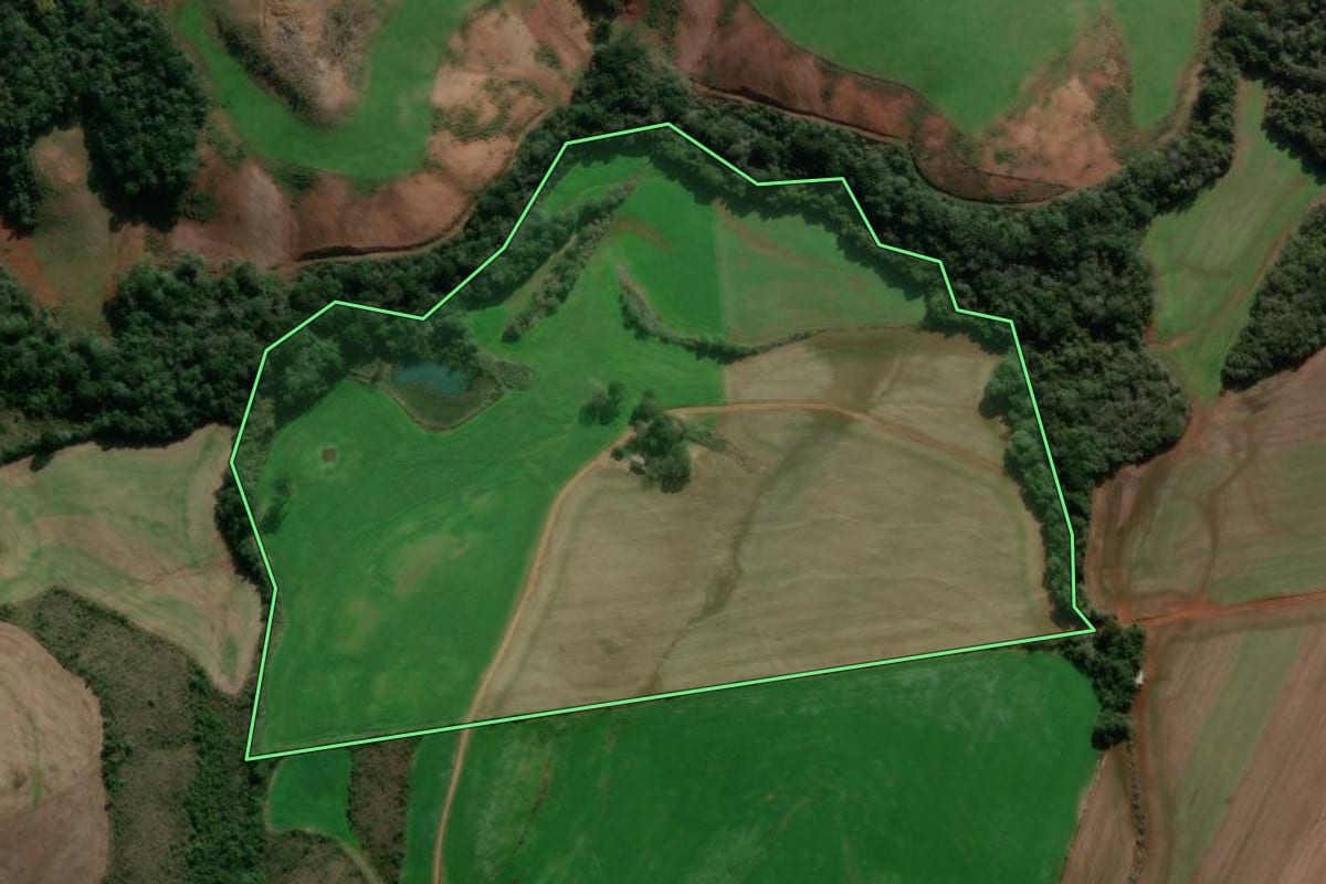 Imagem de satélite do imóvel rural em Lagoa Vermelha (RS), com o contorno declarado no CAR desenhado por cima.