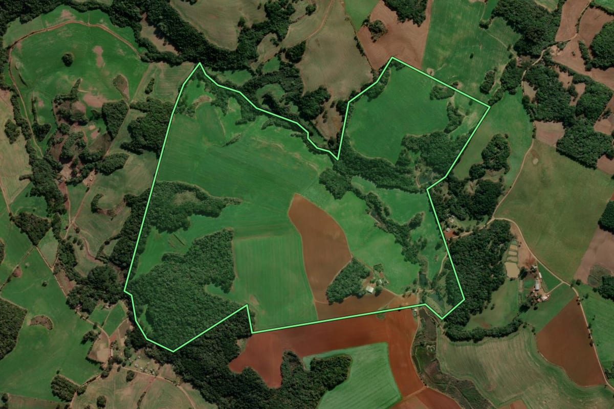 Imagem de satélite do imóvel rural em Lagoa Vermelha (RS), com o contorno declarado no CAR desenhado por cima.