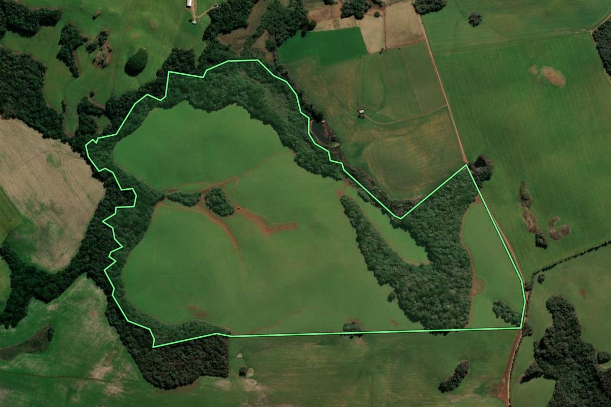 Imagem de satélite do imóvel rural em Lagoa Vermelha (RS), com o contorno declarado no CAR desenhado por cima.