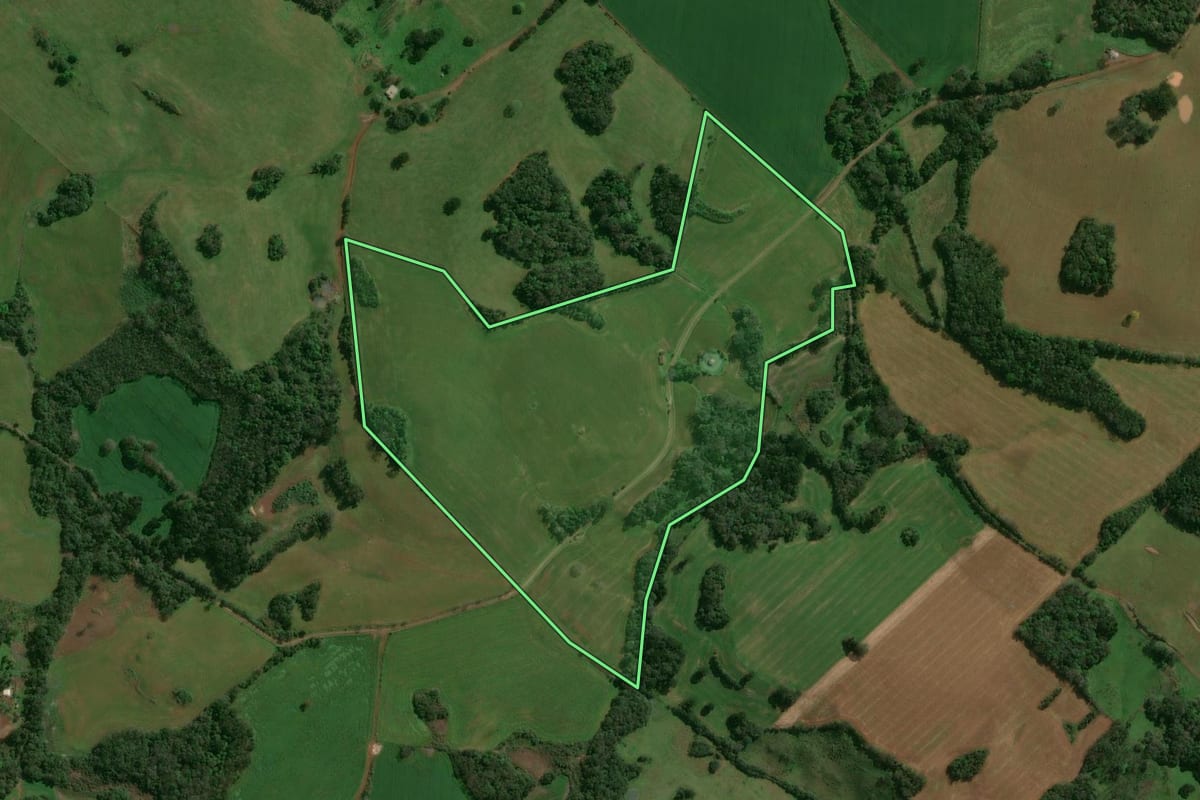 Imagem de satélite do imóvel rural em Lagoa Vermelha (RS), com o contorno declarado no CAR desenhado por cima.