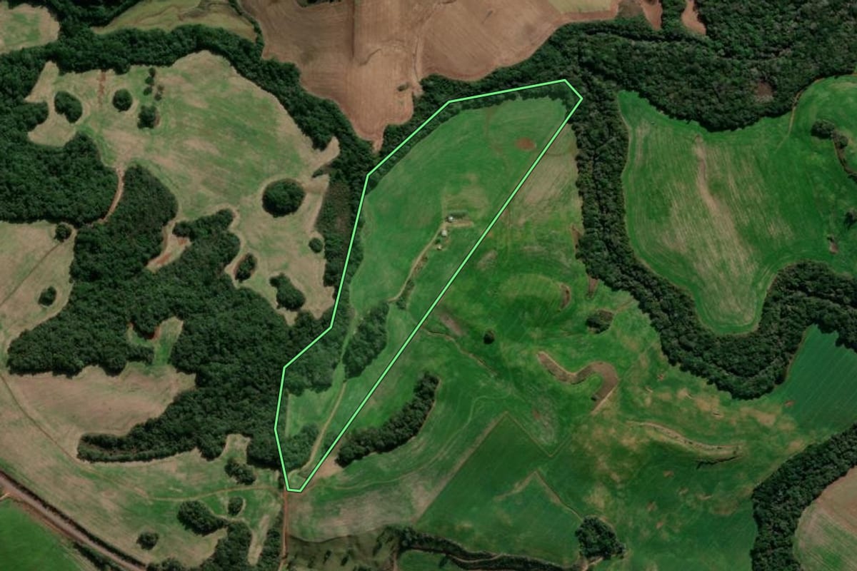 Imagem de satélite do imóvel rural em Lagoa Vermelha (RS), com o contorno declarado no CAR desenhado por cima.