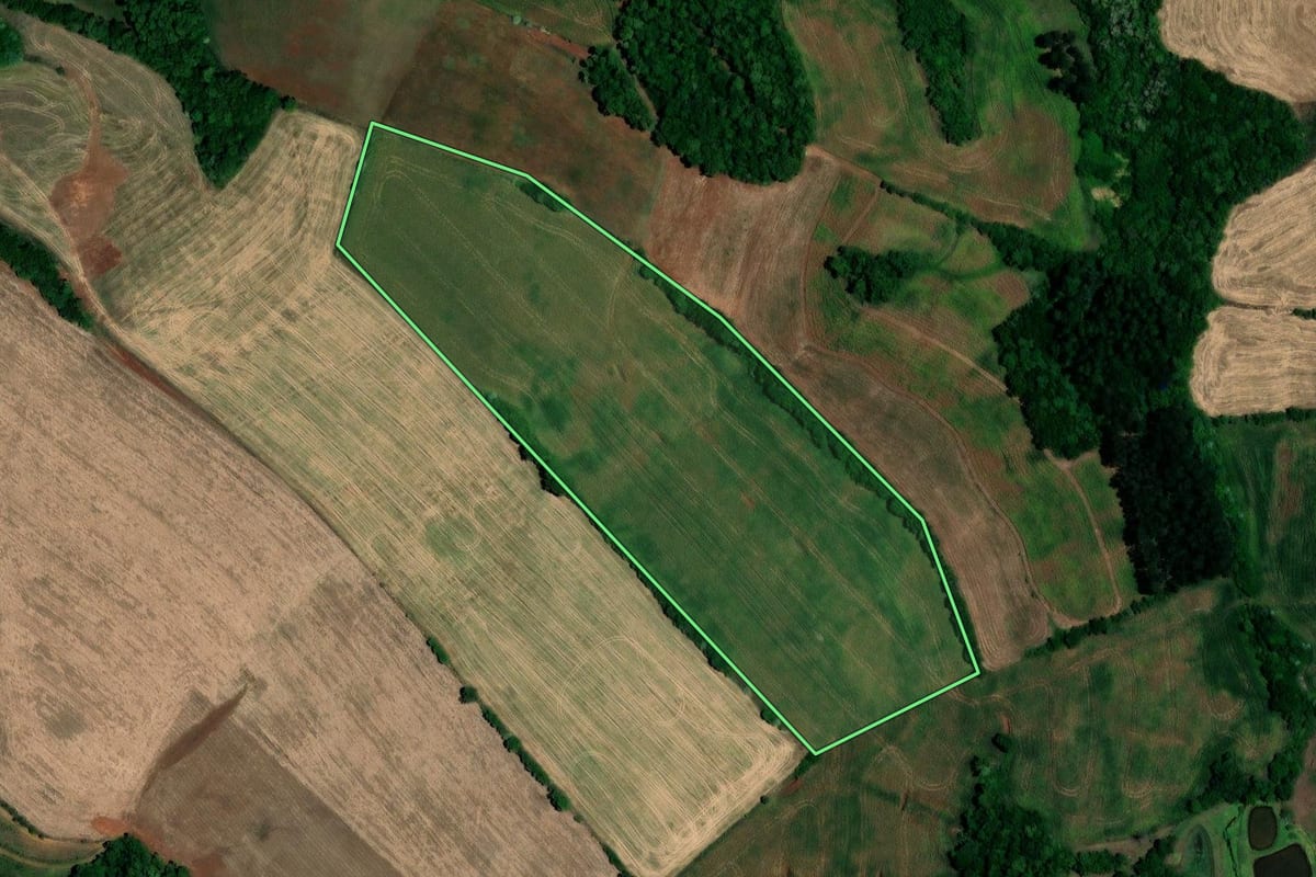 Imagem de satélite do imóvel rural em Lajeado do Bugre (RS), com o contorno declarado no CAR desenhado por cima.