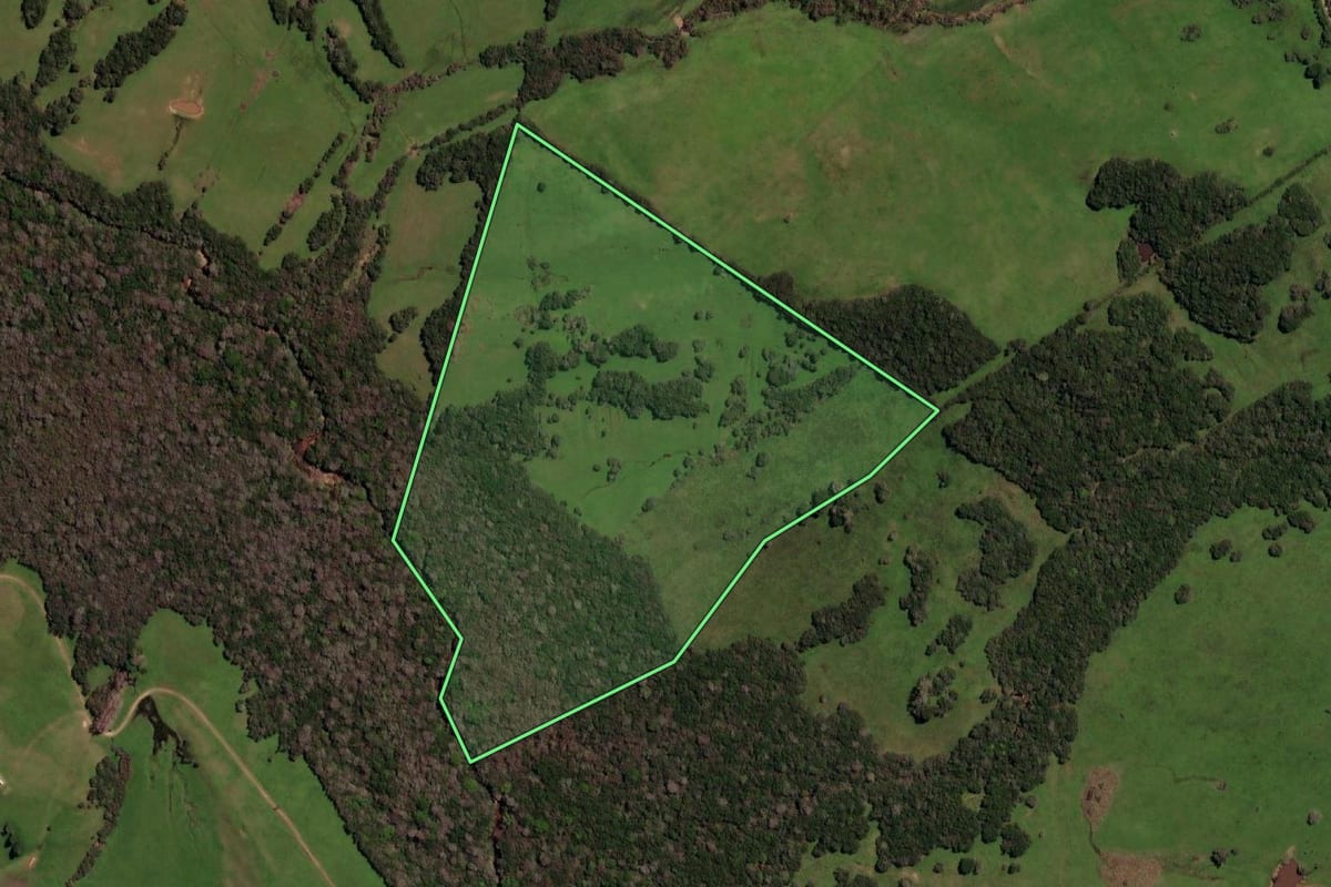 Imagem de satélite do imóvel rural em Lavras do Sul (RS), com o contorno declarado no CAR desenhado por cima.