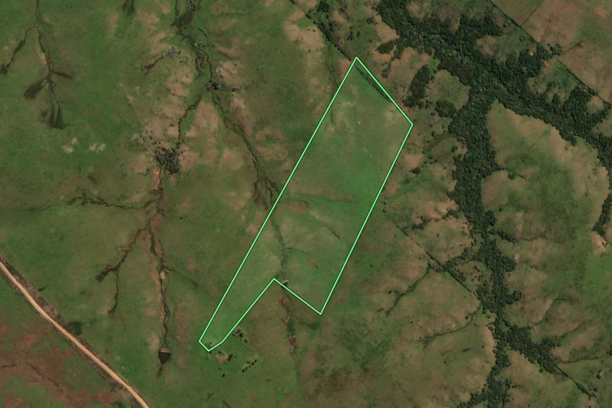Imagem de satélite do imóvel rural em Lavras do Sul (RS), com o contorno declarado no CAR desenhado por cima.