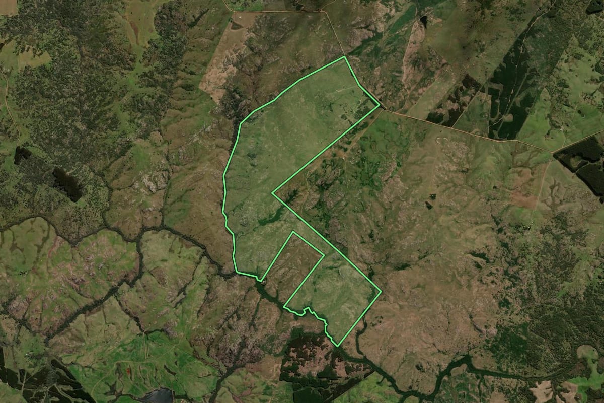Imagem de satélite do imóvel rural em Lavras do Sul (RS), com o contorno declarado no CAR desenhado por cima.