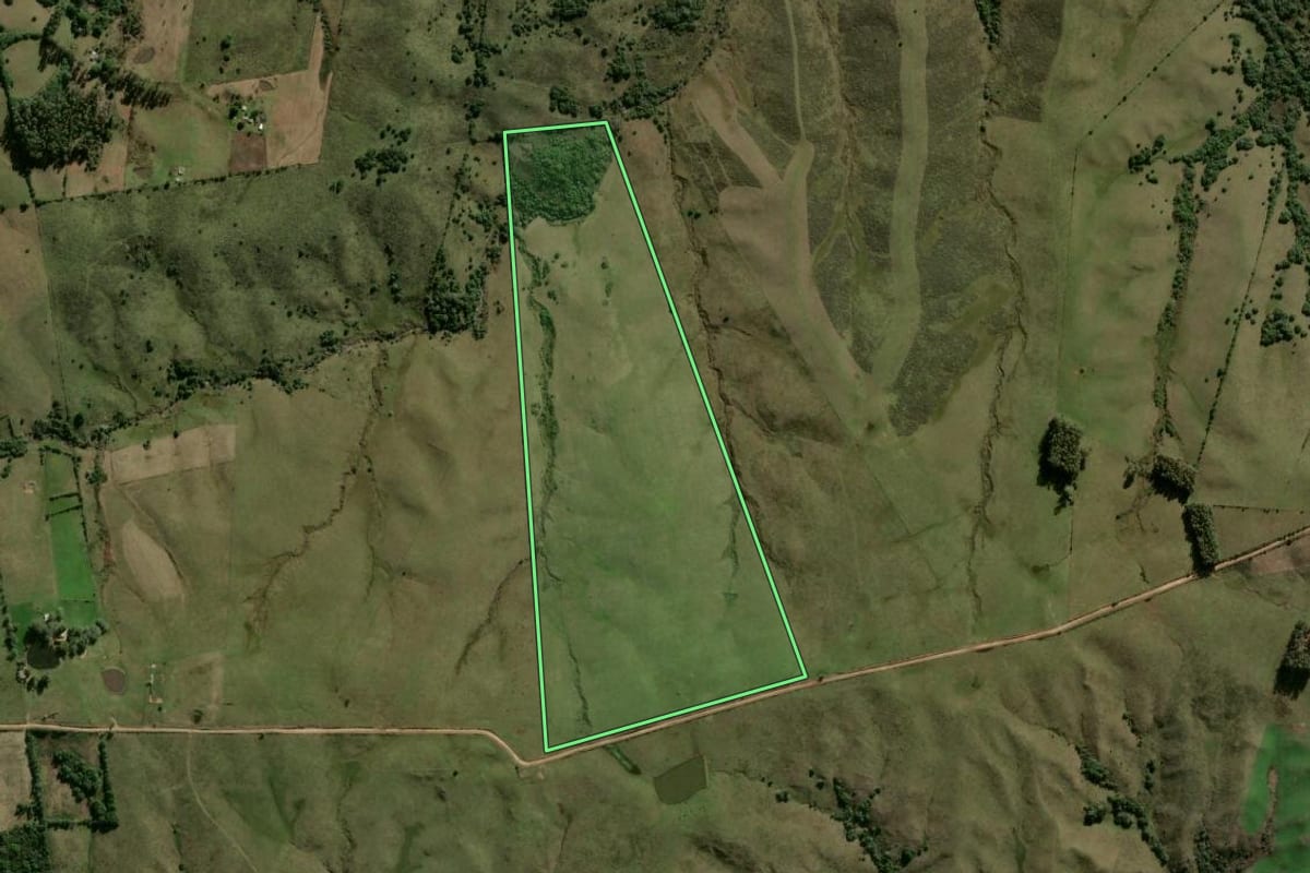 Imagem de satélite do imóvel rural em Lavras do Sul (RS), com o contorno declarado no CAR desenhado por cima.