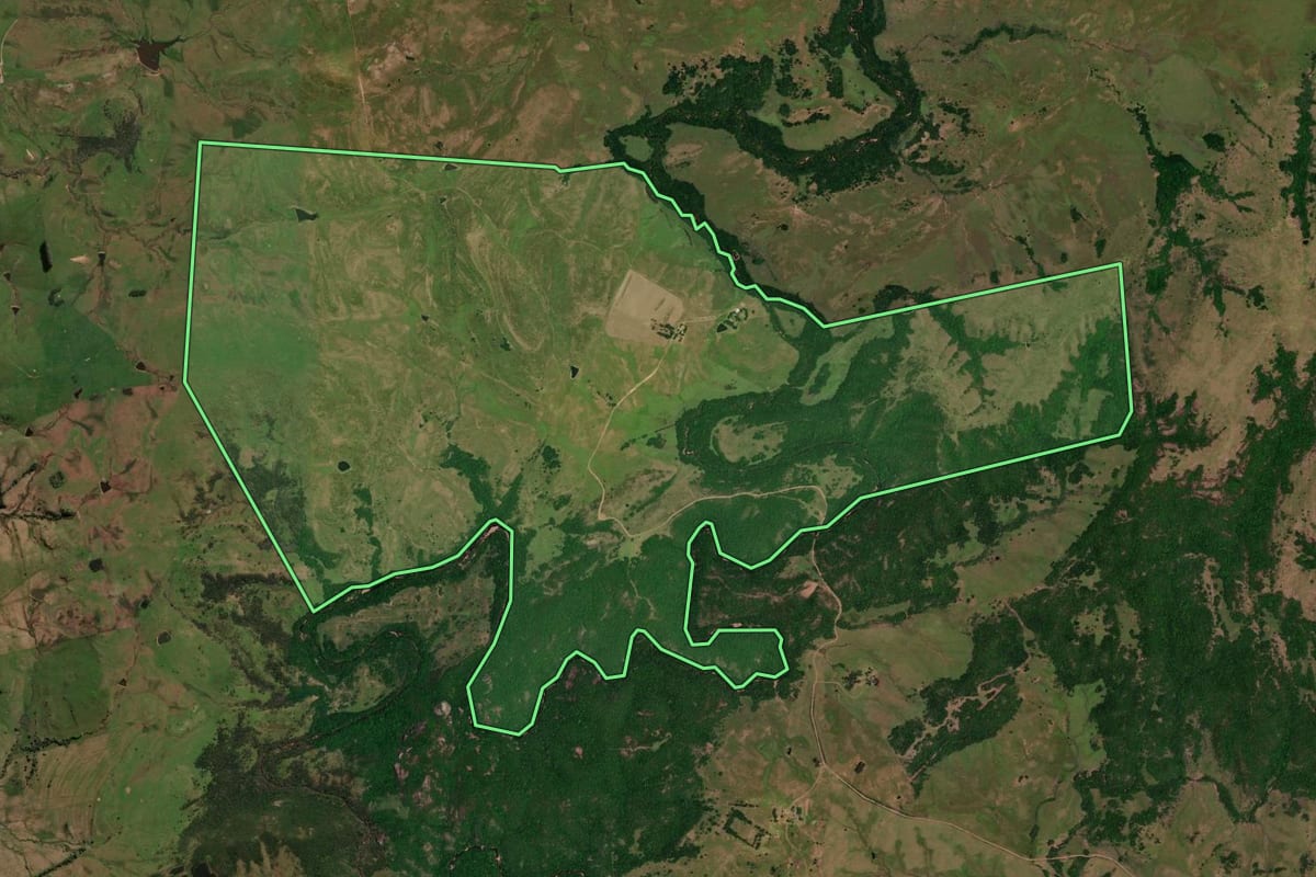 Imagem de satélite do imóvel rural em Lavras do Sul (RS), com o contorno declarado no CAR desenhado por cima.