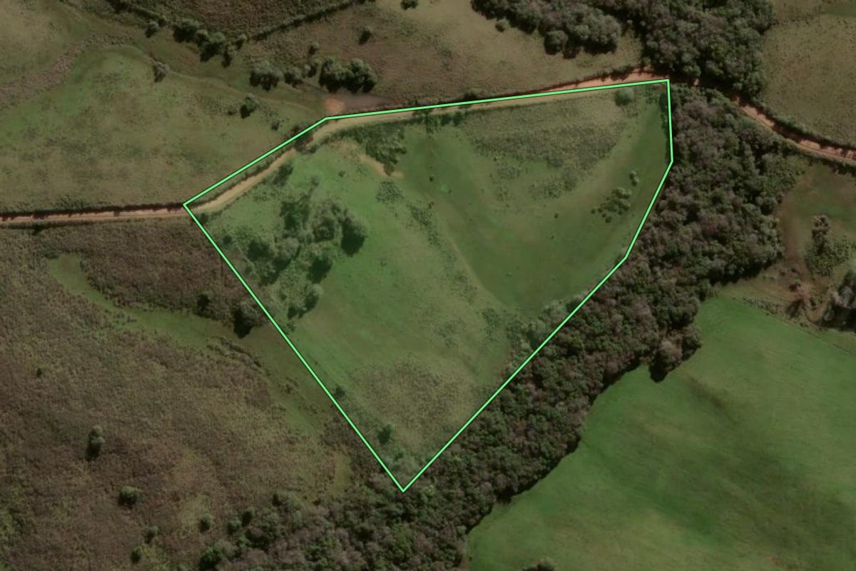 Imagem de satélite do imóvel rural em Lavras do Sul (RS), com o contorno declarado no CAR desenhado por cima.